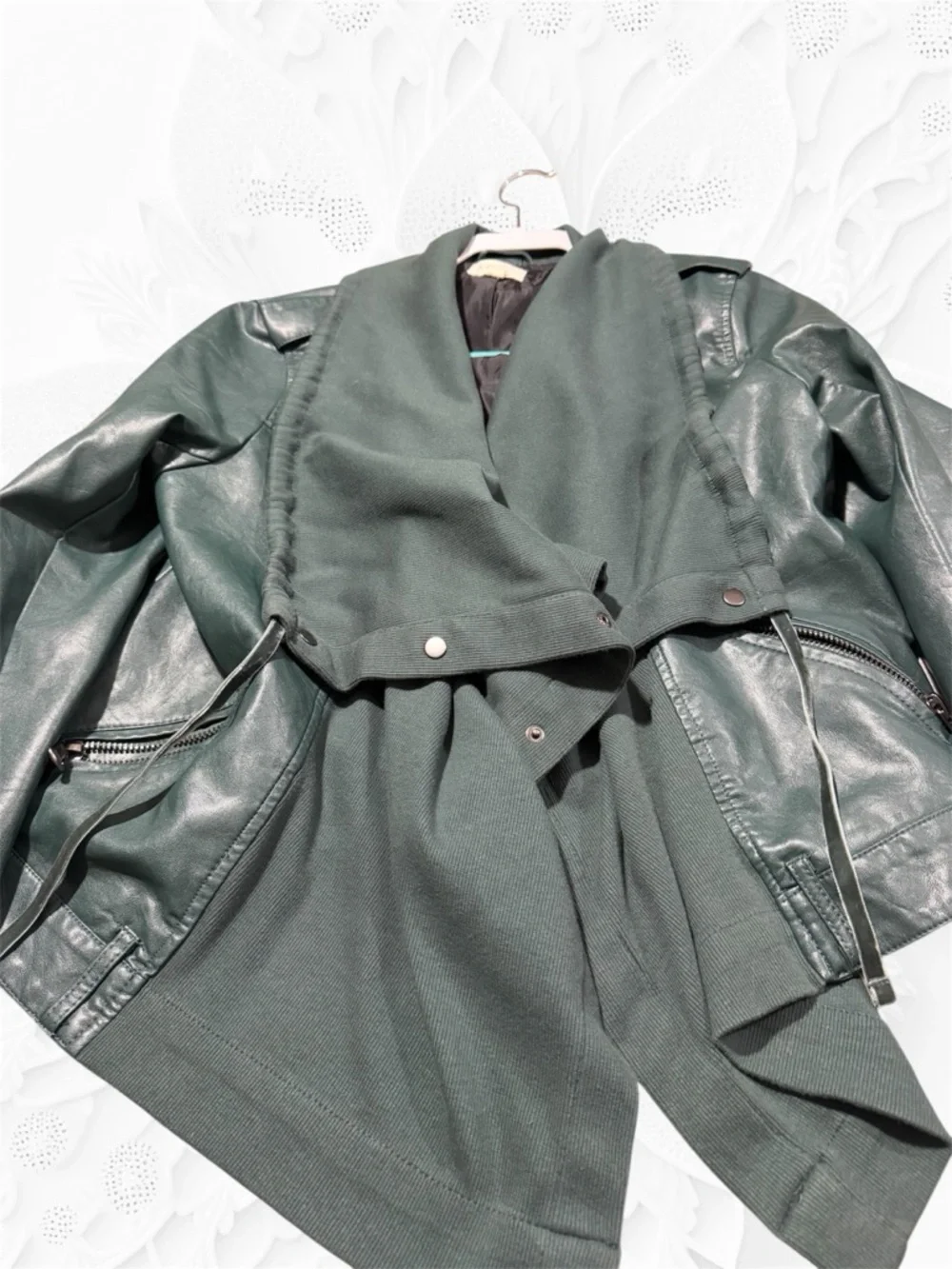 Jolt Forest Green Draped Faux Leather Jacket - Picture 2 of 10